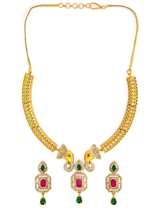 Elephant Motif American Diamond Zirconia Necklace Set Gold
