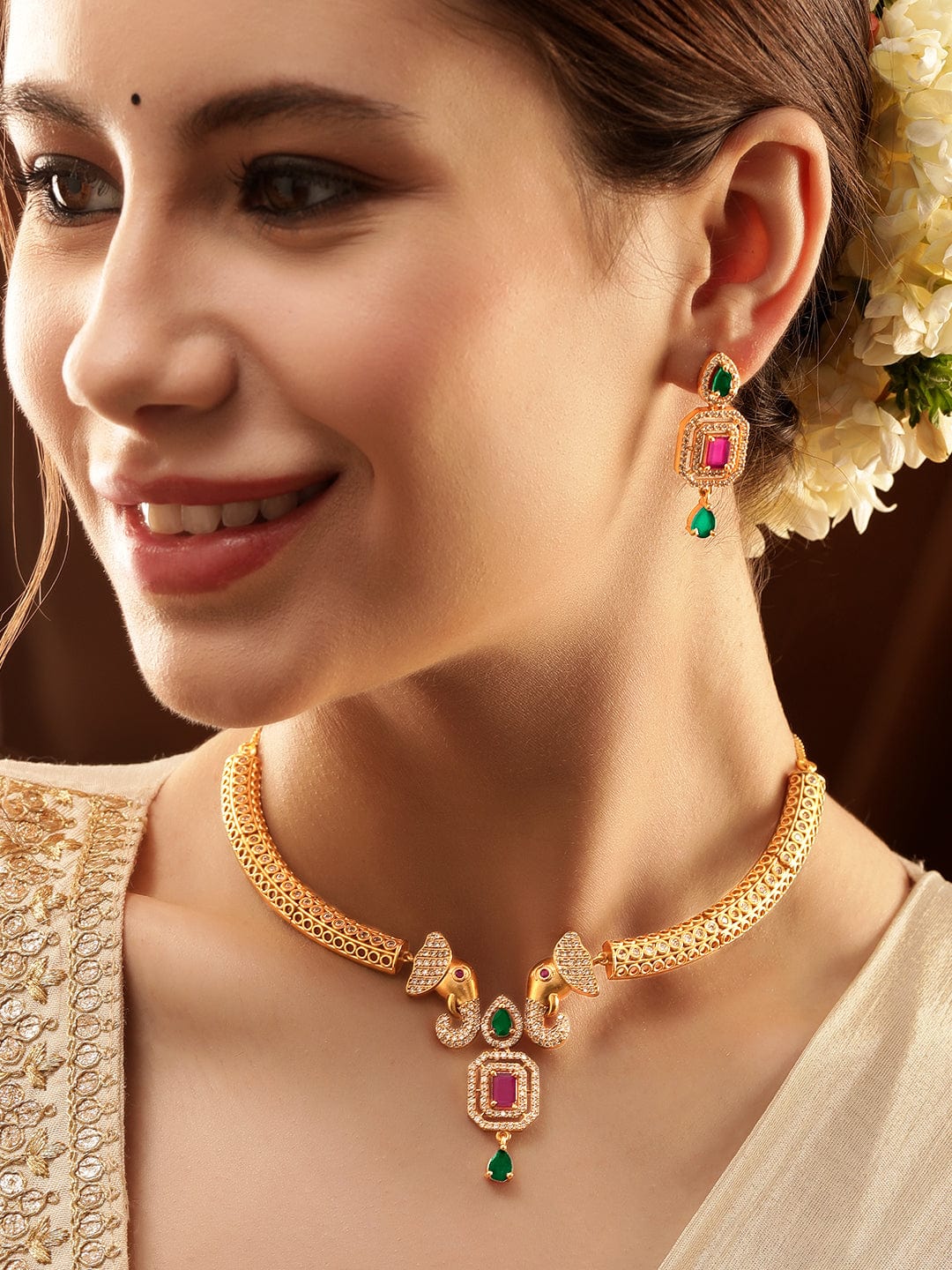Elephant Motif American Diamond Zirconia Necklace Set Gold