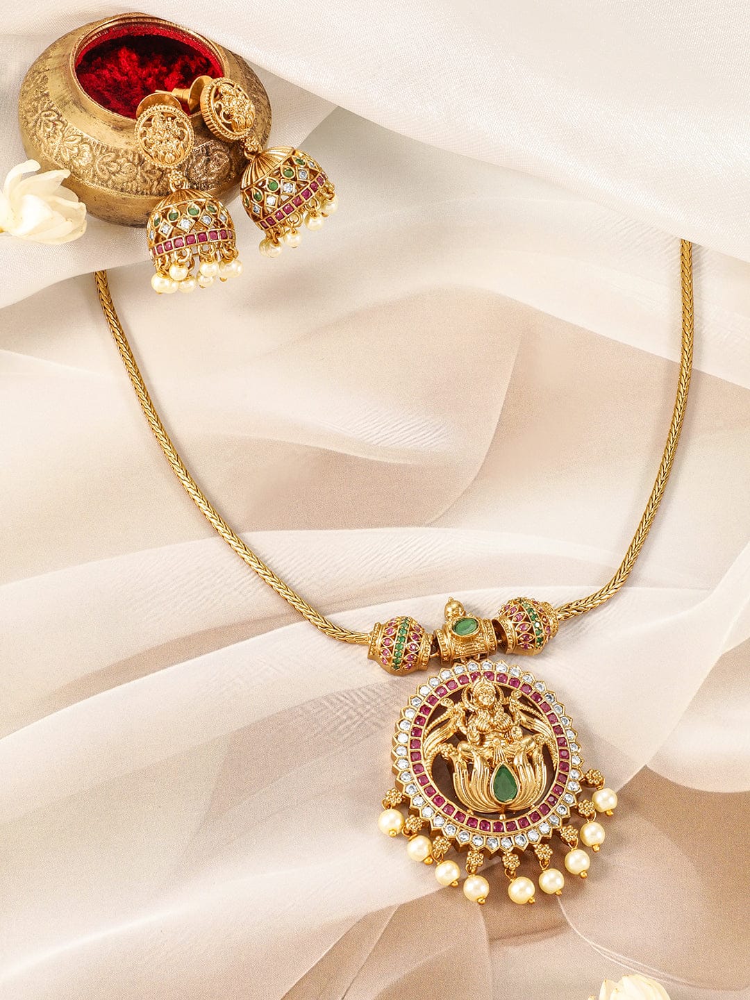 Multicolor Laxmi Motif Golden Pearl Necklace Set Gold