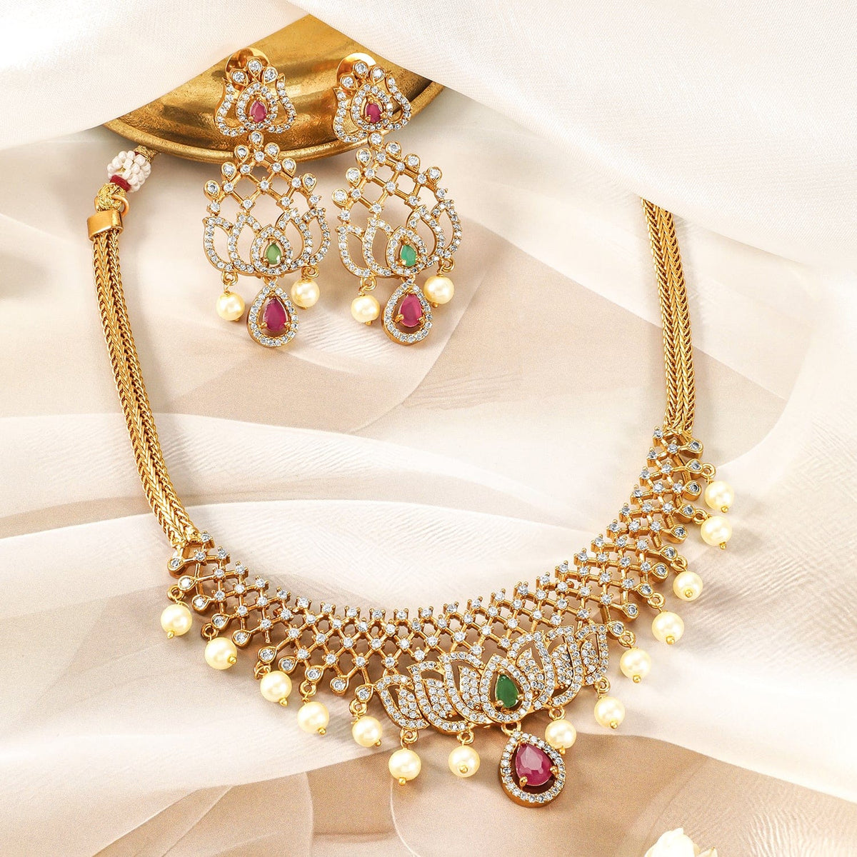 Lotus Motif American Diamond Zirconia Necklace Set Gold