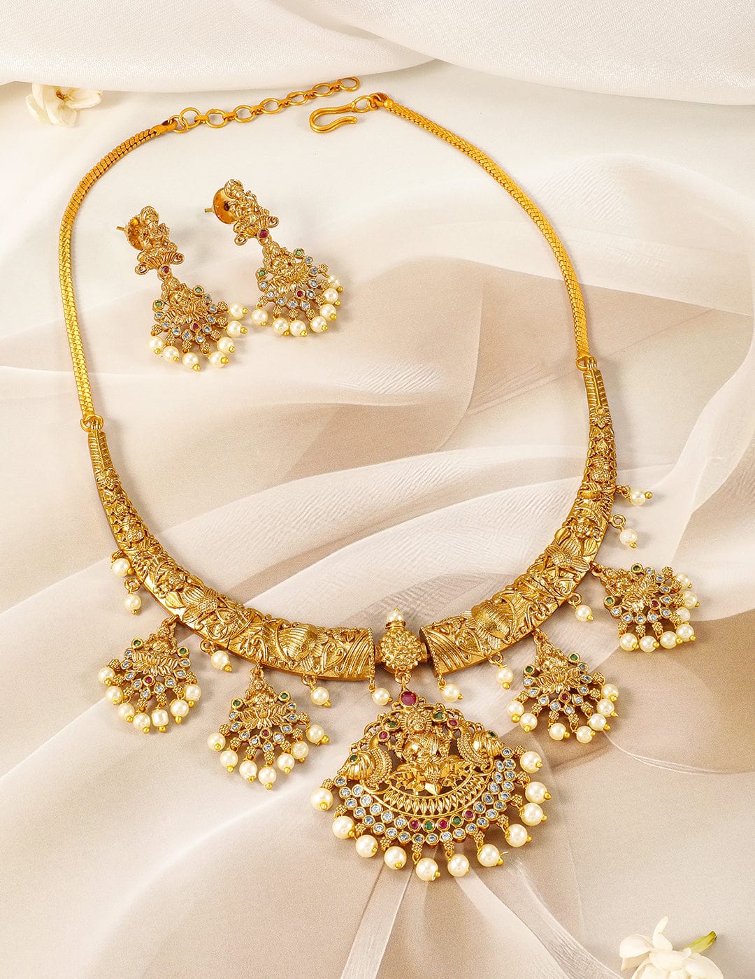 American Diamond Zirconia Necklace Set with Laxmi Motif Gold