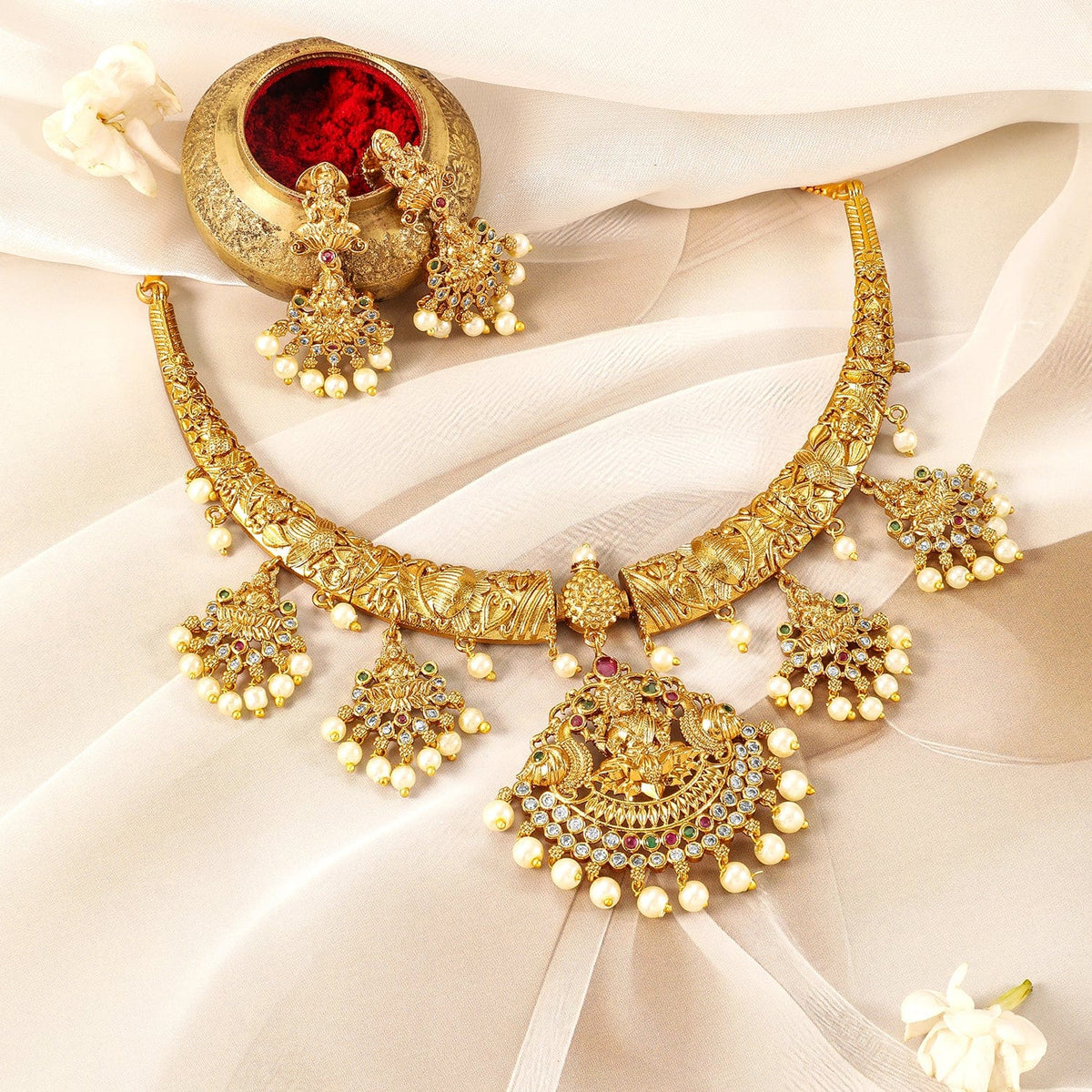 American Diamond Zirconia Necklace Set with Laxmi Motif Gold