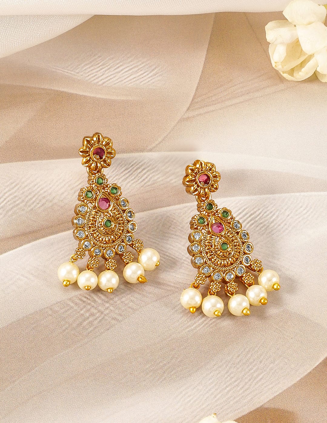 American Diamond Zirconia Studded Pearl Necklace Set Gold
