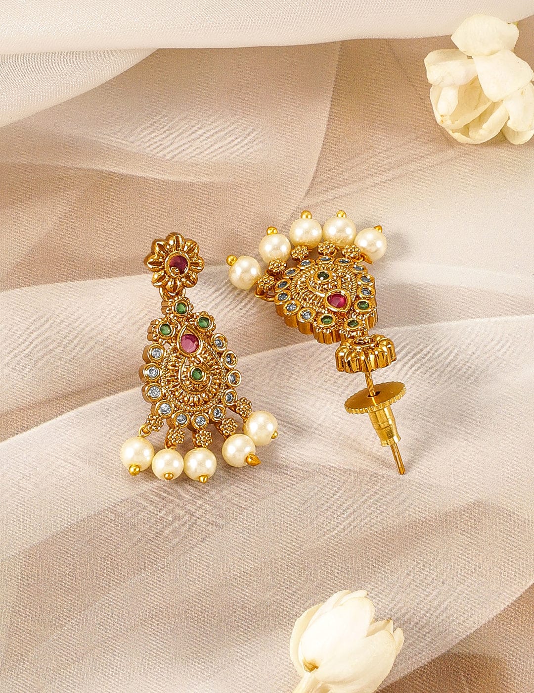 American Diamond Zirconia Studded Pearl Necklace Set Gold