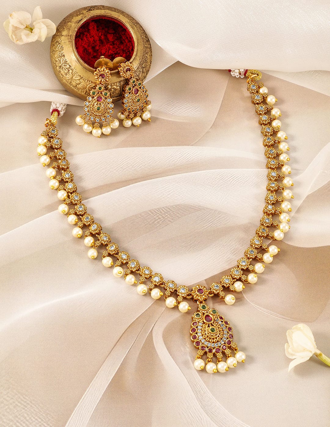 American Diamond Zirconia Studded Pearl Necklace Set Gold