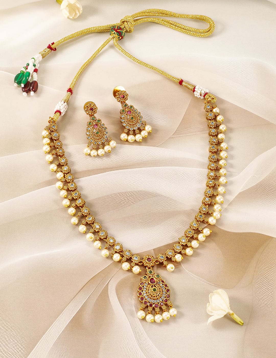 American Diamond Zirconia Studded Pearl Necklace Set Gold