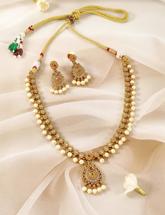 American Diamond Zirconia Studded Pearl Necklace Set Gold