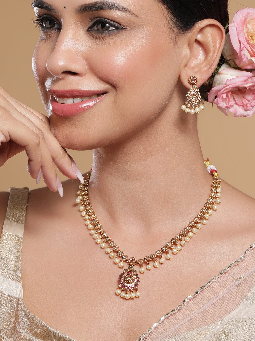 American Diamond Zirconia Studded Pearl Necklace Set Gold