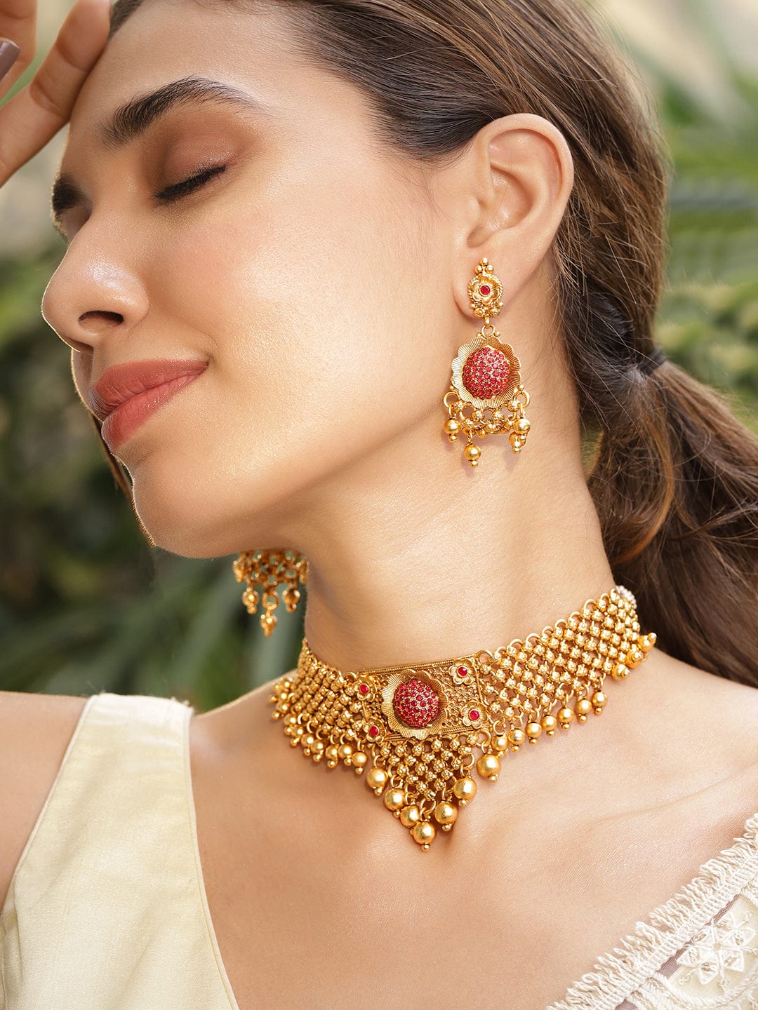 Ruby Studded Choker Set with Gold Beads Brass / Gold