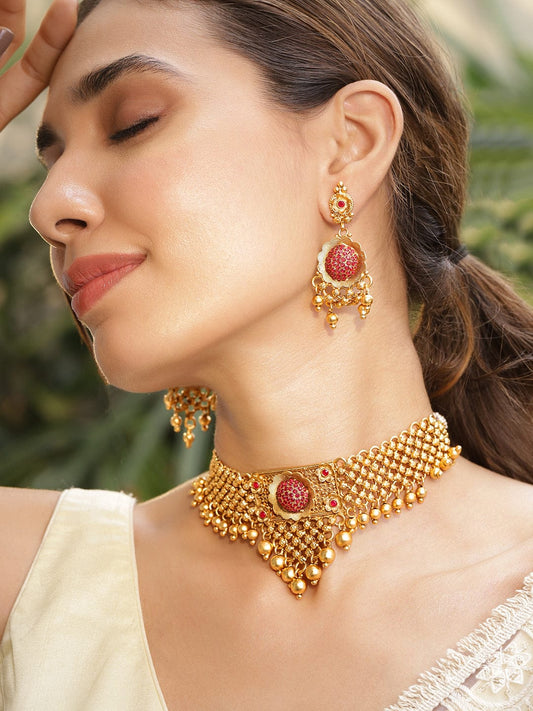 Ruby Studded Choker Set with Gold Beads Brass / Gold