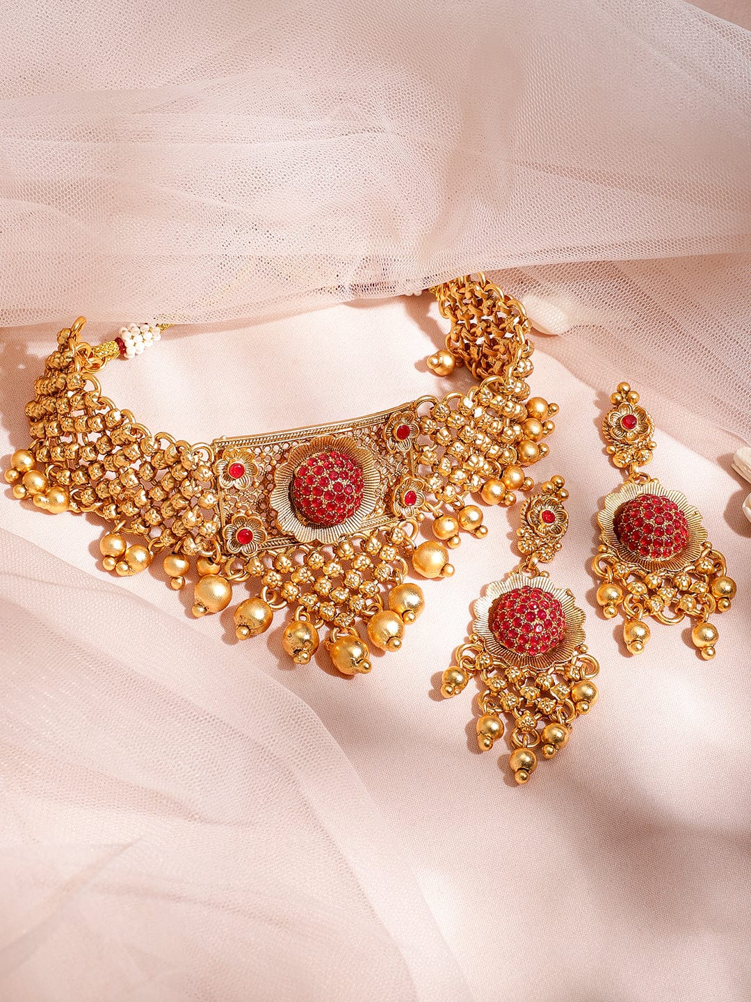 Ruby Studded Choker Set with Gold Beads Brass / Gold