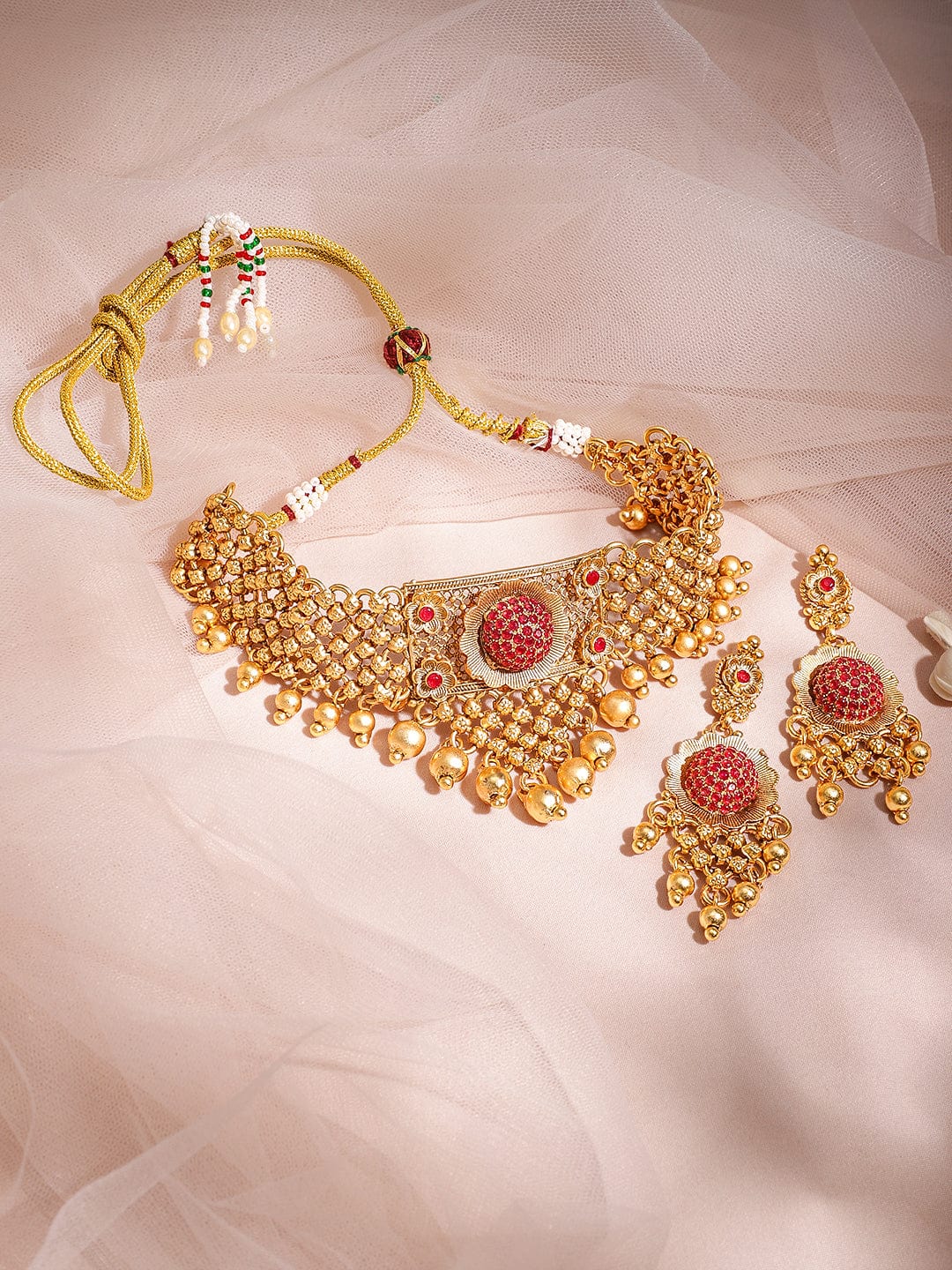 Ruby Studded Choker Set with Gold Beads Brass / Gold