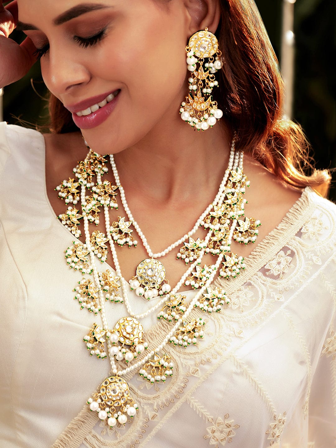Sculpted Pearl Kundan Necklace Set フリーサイズ