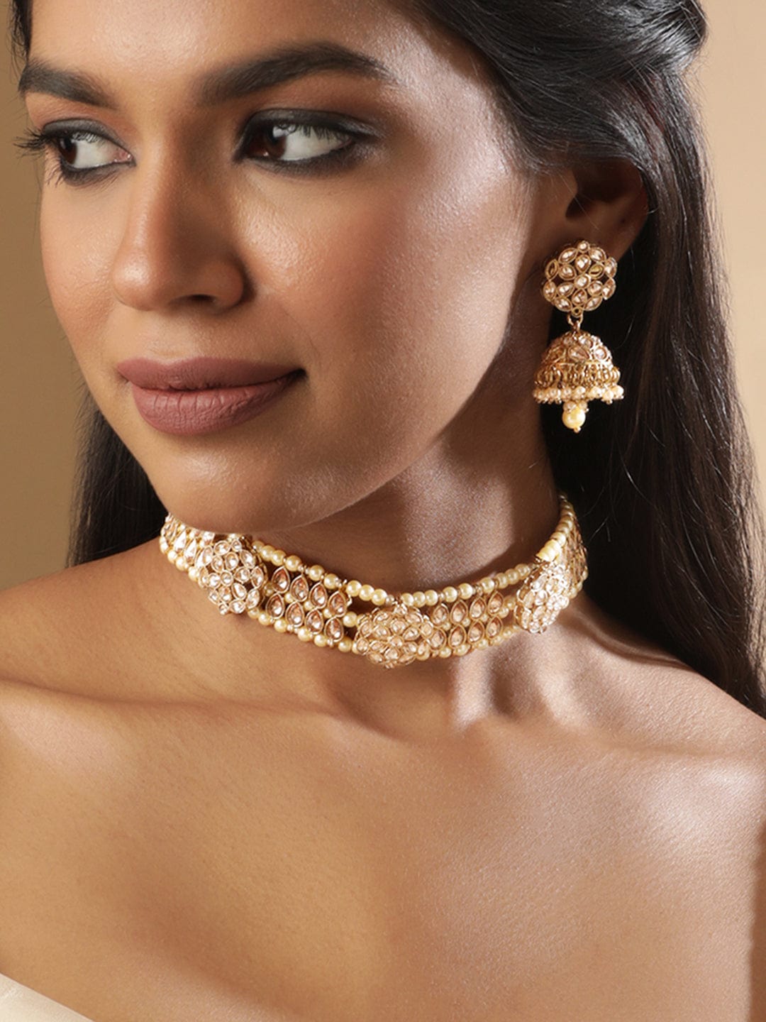 White Pearl Beaded Gold Toned Choker Set Gold
