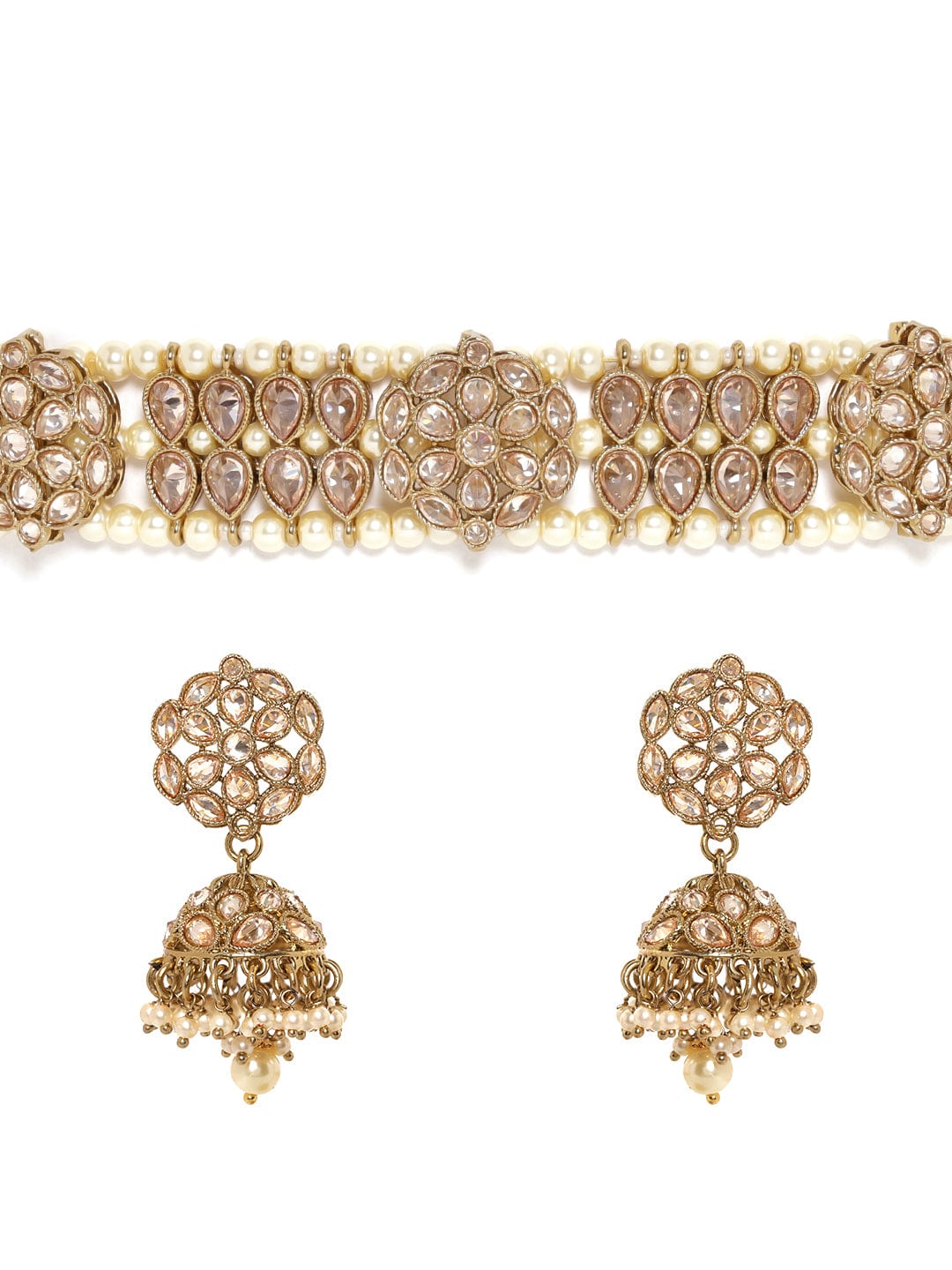 White Pearl Beaded Gold Toned Choker Set Gold