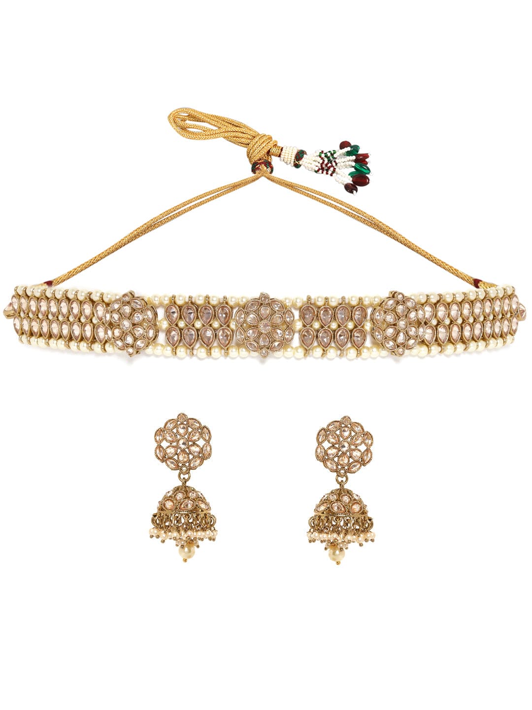 White Pearl Beaded Gold Toned Choker Set Gold
