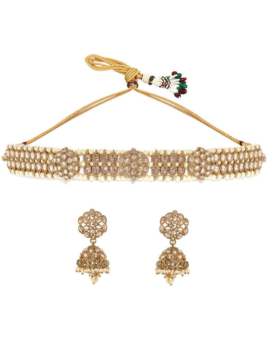 White Pearl Beaded Gold Toned Choker Set Gold