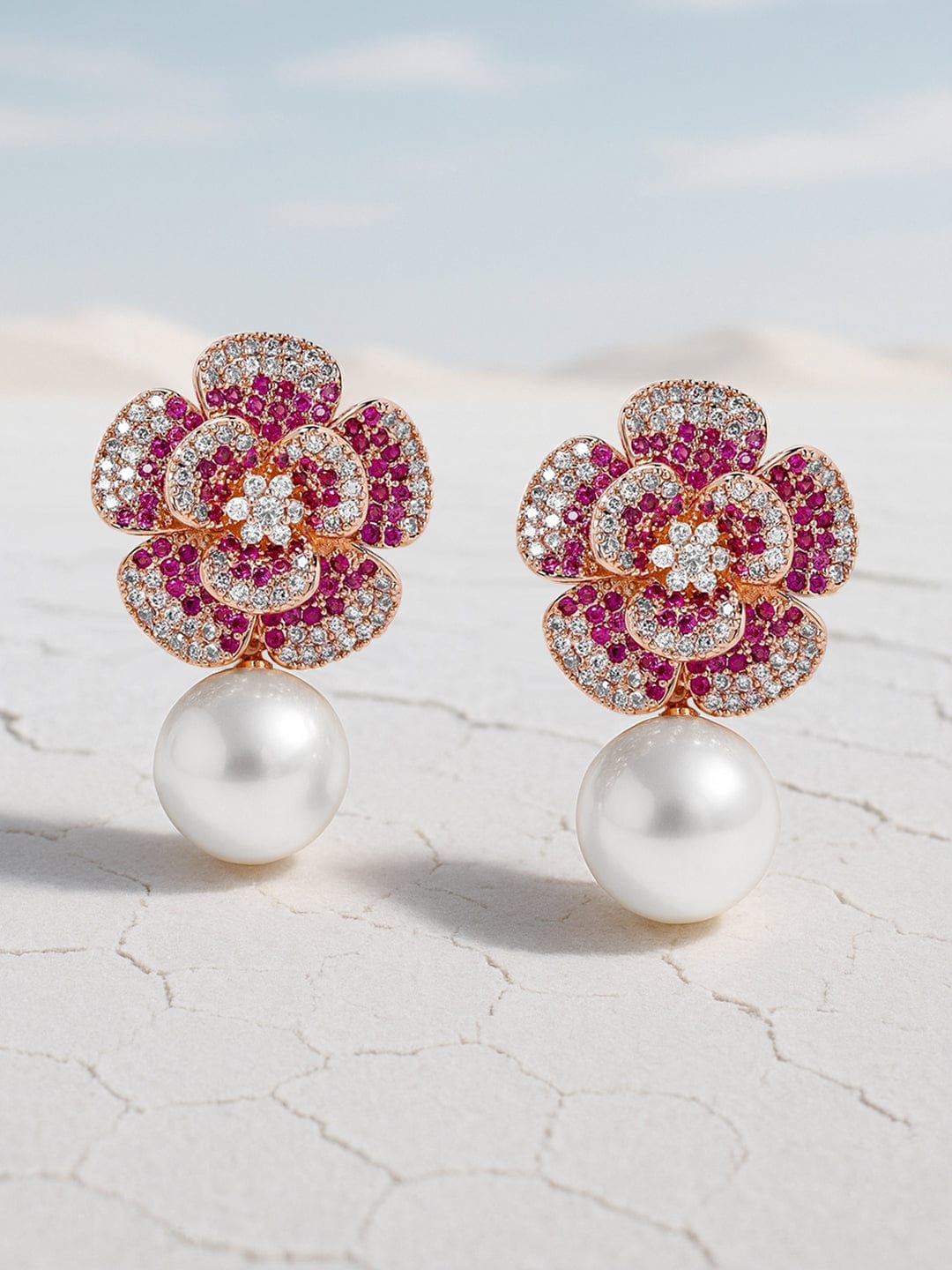 Delicate American Diamond Zirconia Flower Pearl Earrings Rose Gold