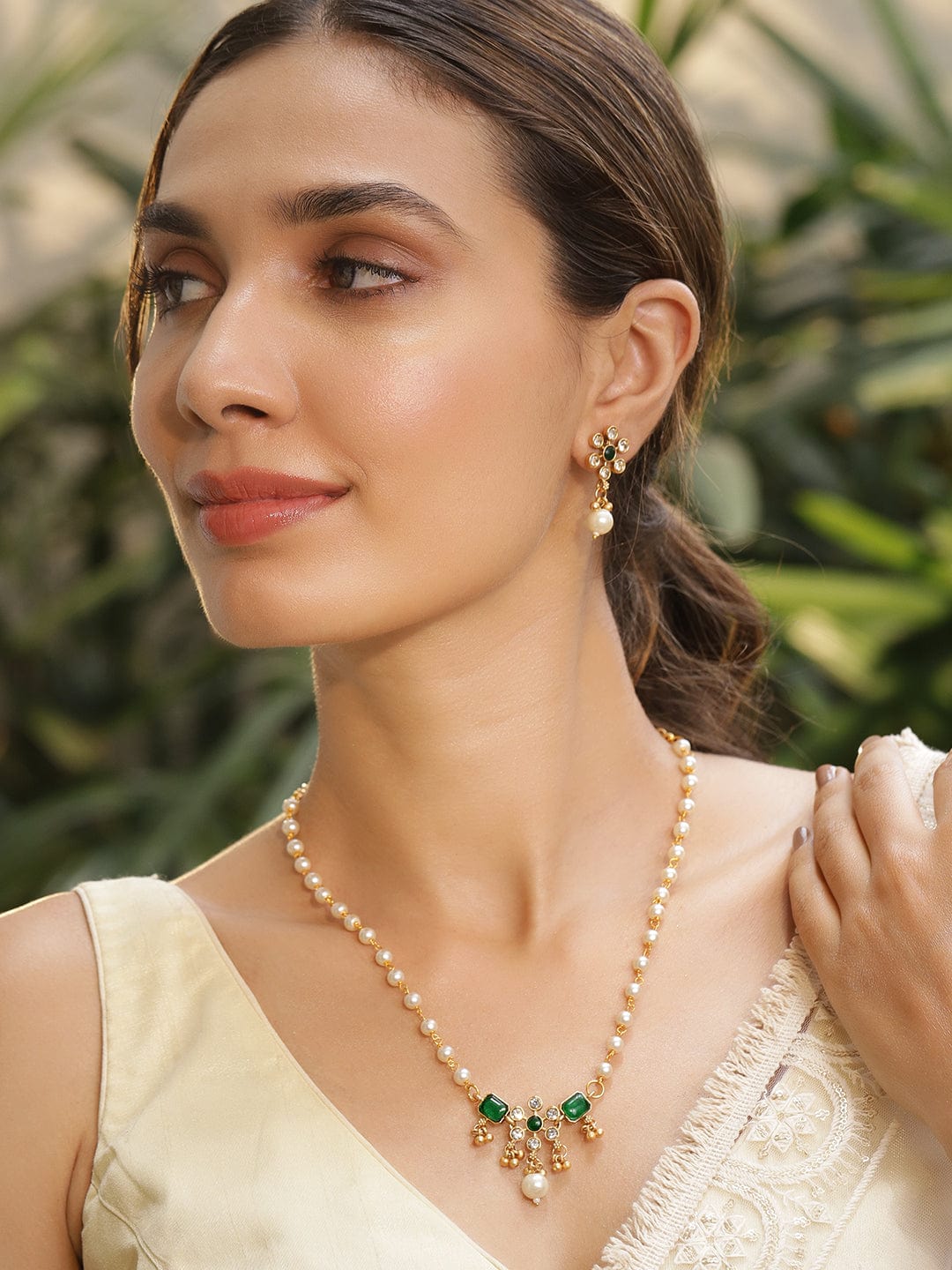 Radiant Green Kundan Pearl Necklace Set Green