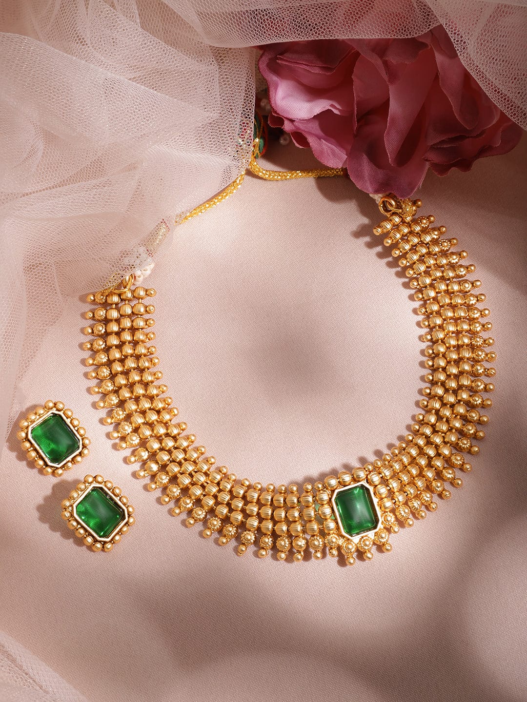 Timeless Green Gold Plated Short Necklace Set Gold