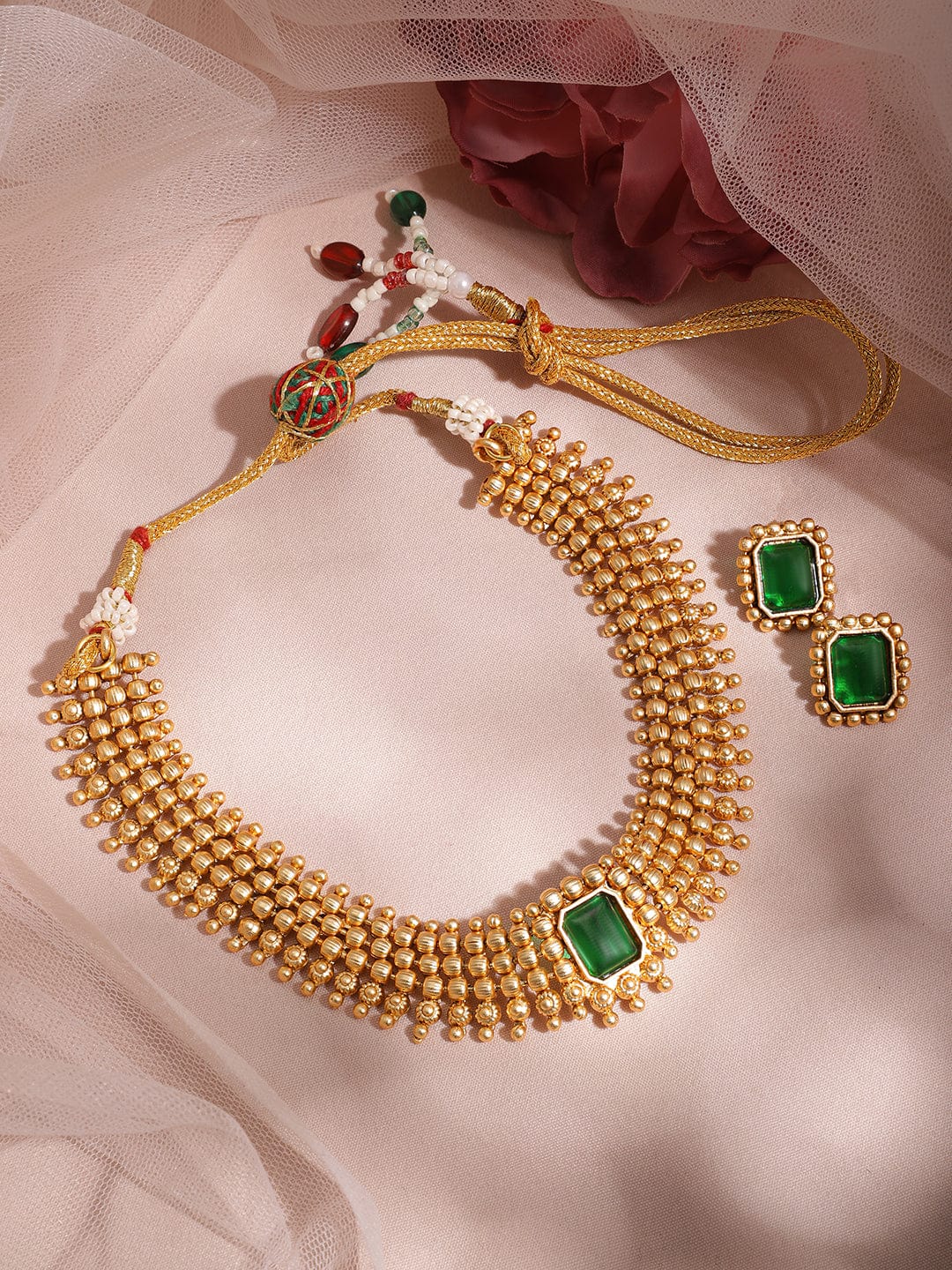 Timeless Green Gold Plated Short Necklace Set Gold