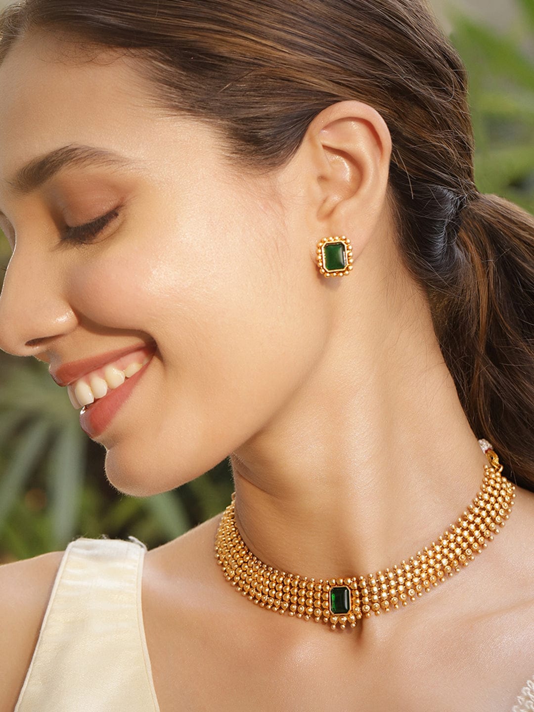 Timeless Green Gold Plated Short Necklace Set Gold