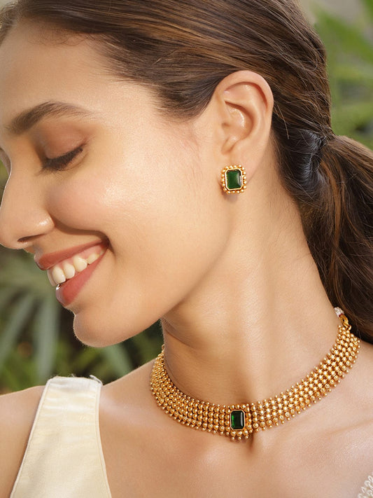 Timeless Green Gold Plated Short Necklace Set Gold