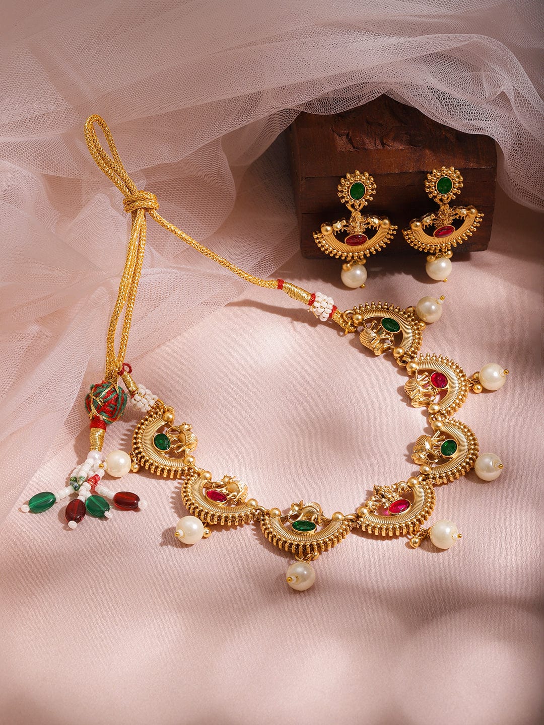 Red & Green Half Moon Pearl Necklace Set Gold