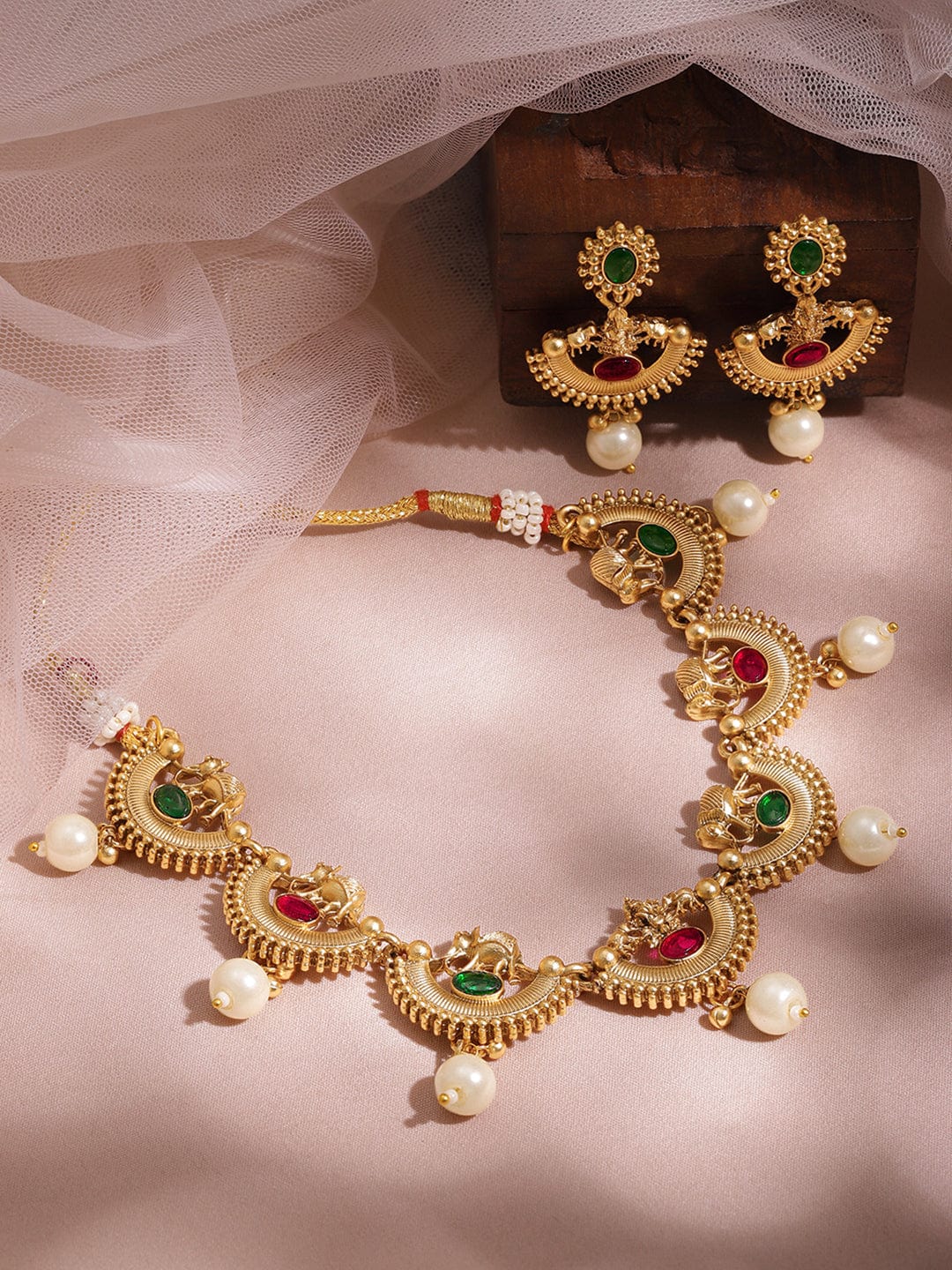 Red & Green Half Moon Pearl Necklace Set Gold
