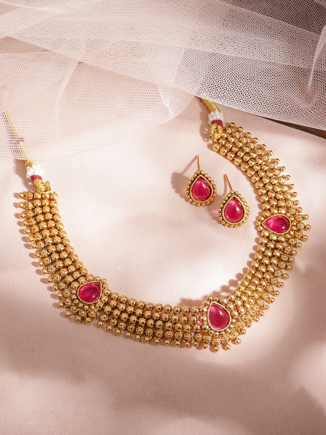 Gold-Tone Ruby Red Studded Necklace Set Pink