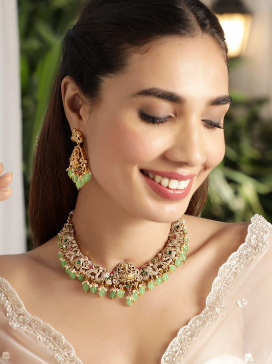 American Diamond Zirconia Green Beaded Temple Necklace Set Green