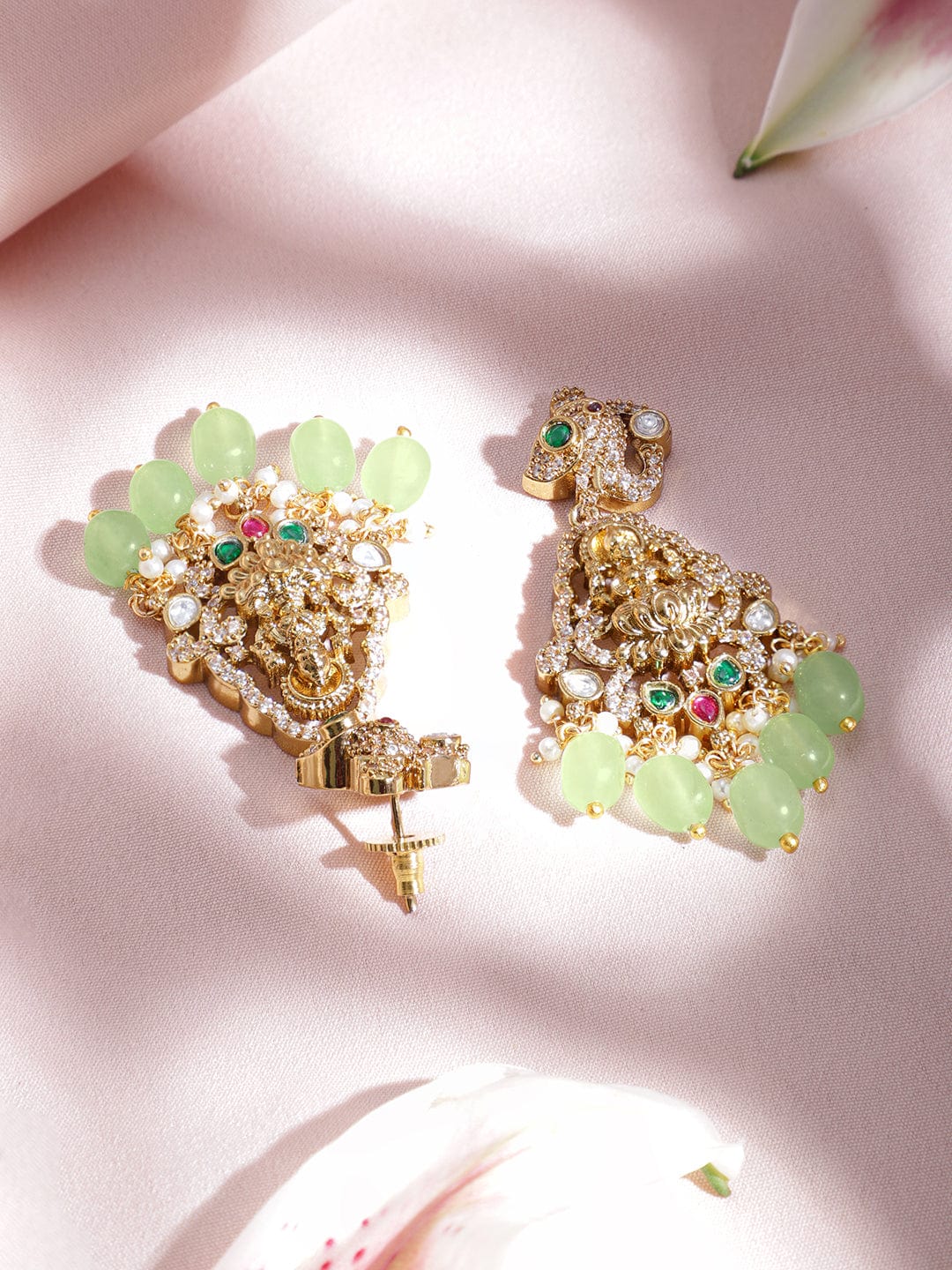 American Diamond Zirconia Green Beaded Temple Necklace Set Green