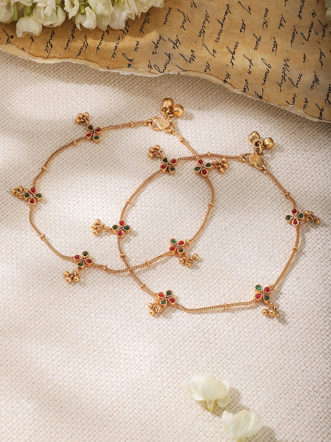 22KT Gold Plated Red And Green Stone Studded Floral Anklet Gold