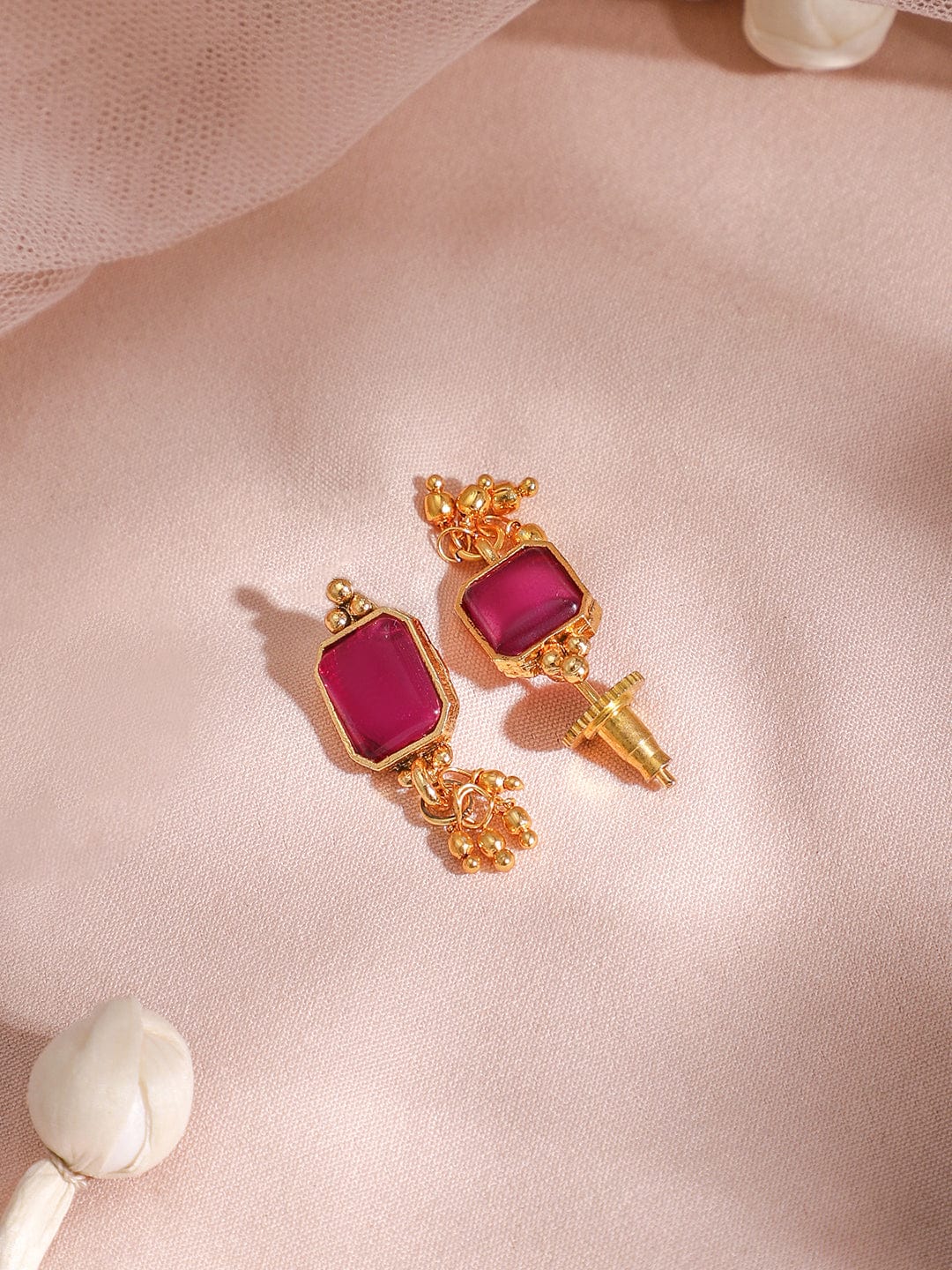 Ruby-Studded Long Golden Necklace Set Pink