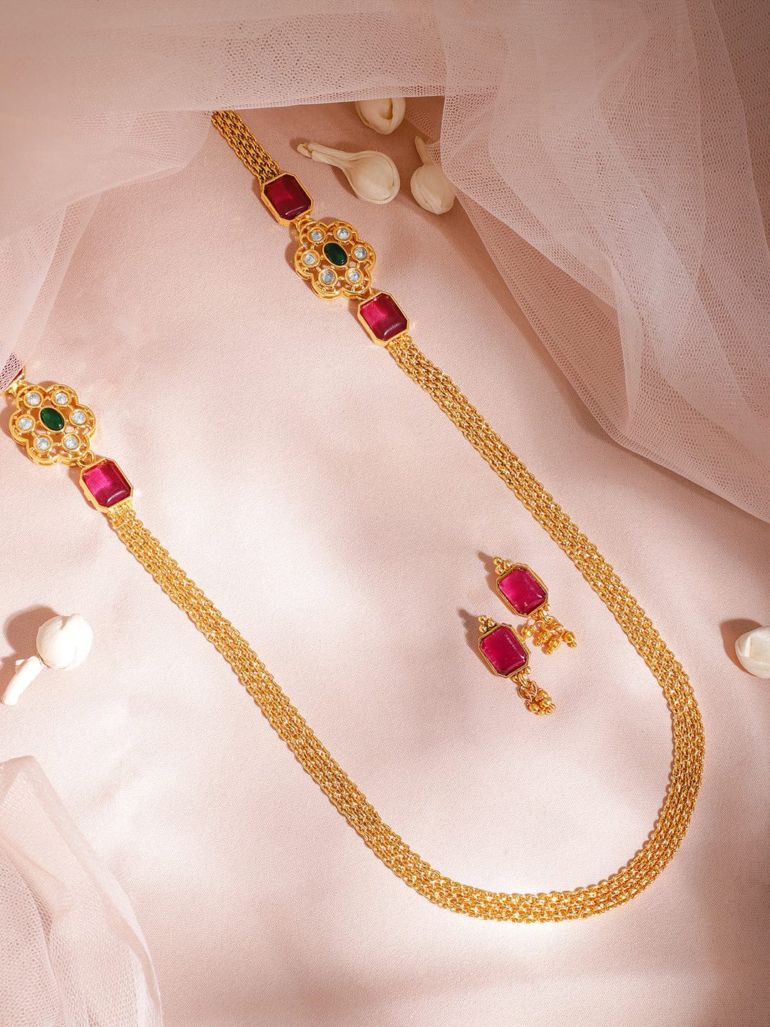 Ruby-Studded Long Golden Necklace Set Pink