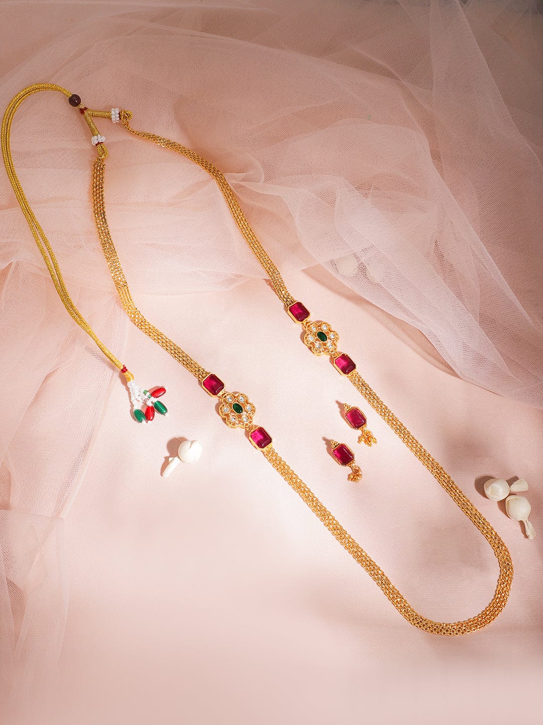 Ruby-Studded Long Golden Necklace Set Pink