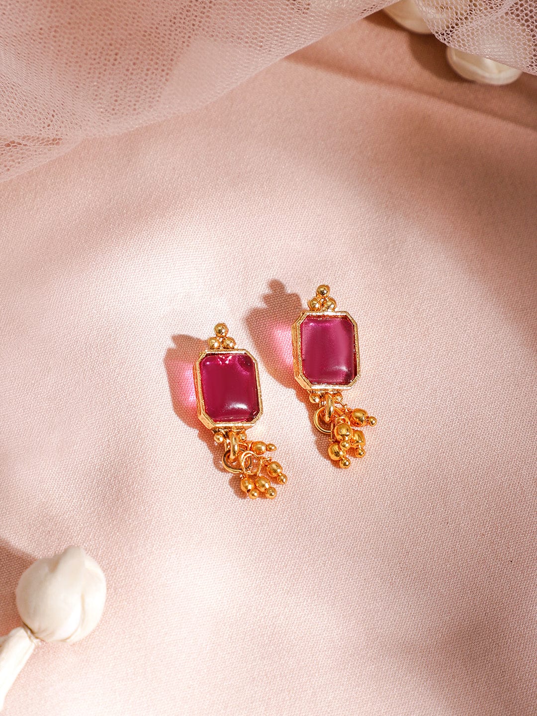 Ruby-Studded Long Golden Necklace Set Pink