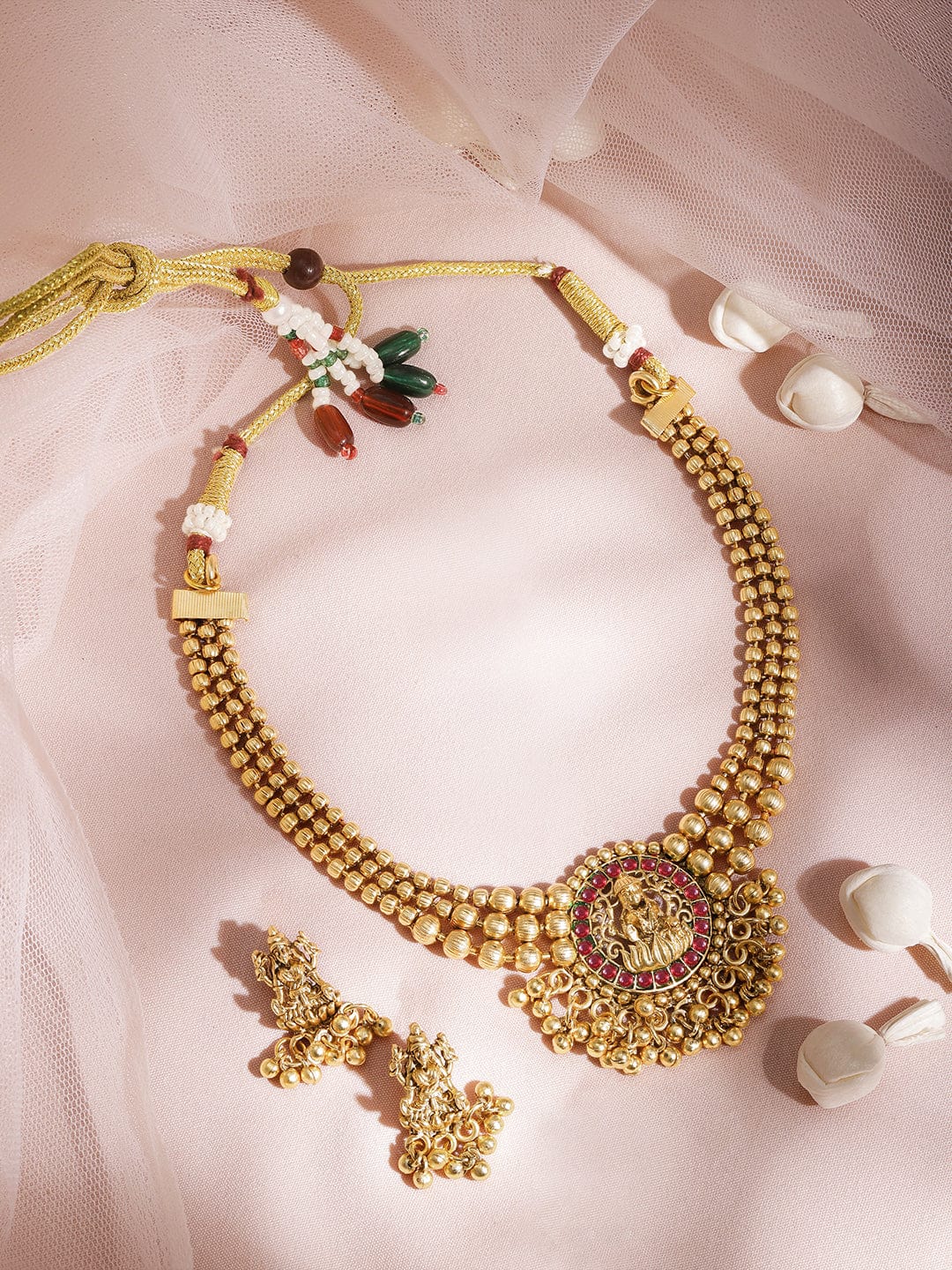 Captivating Red Short Temple Necklace Set Gold