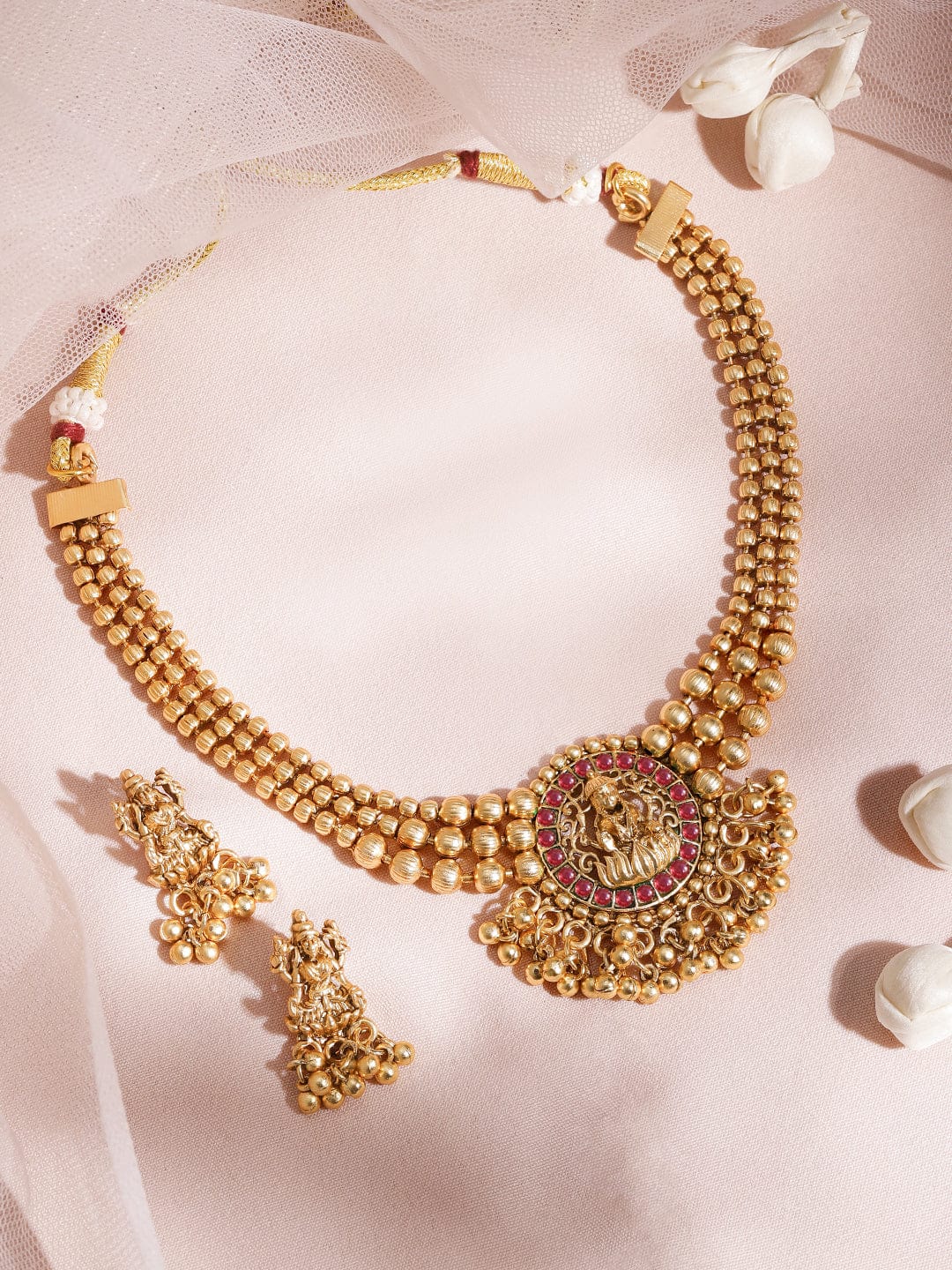 Captivating Red Short Temple Necklace Set Gold