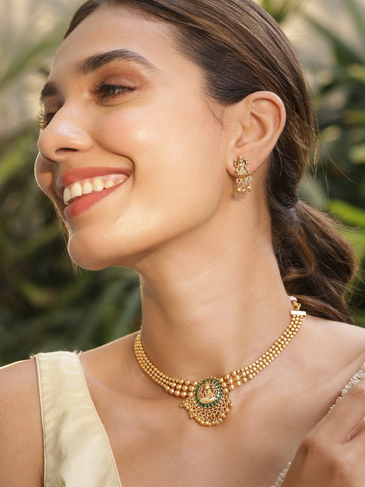 Radiant Green Short Temple Necklace Set Green