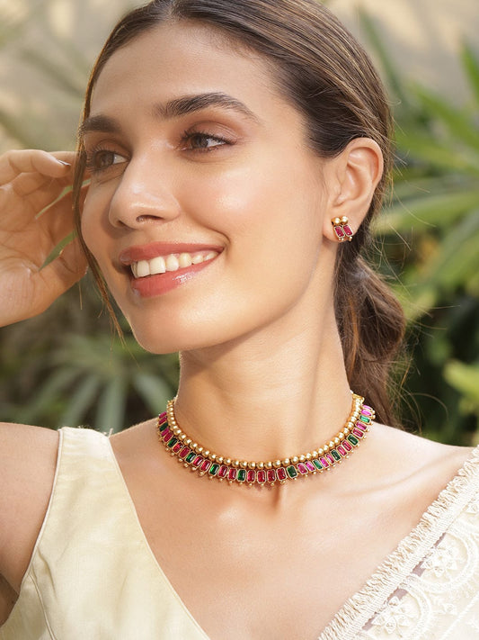 Emerald Studded Gold Beads Necklace Set Multicolor