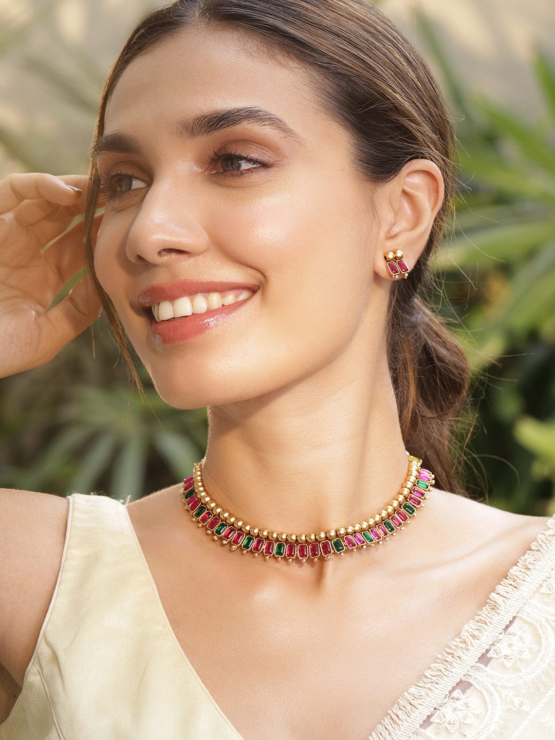 Emerald Studded Gold Beads Necklace Set Green