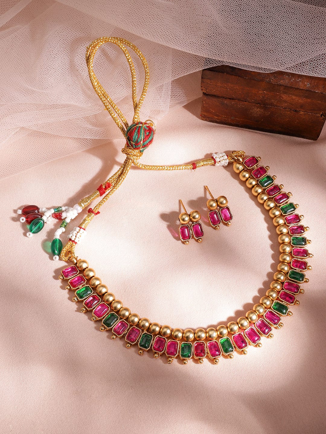 Emerald Studded Gold Beads Necklace Set Multicolor