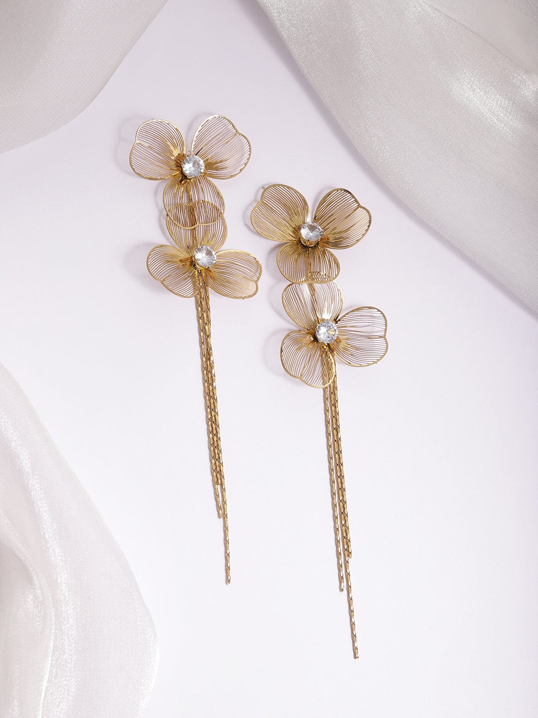 Delicate Floral Tassels Drop Earrings Gold