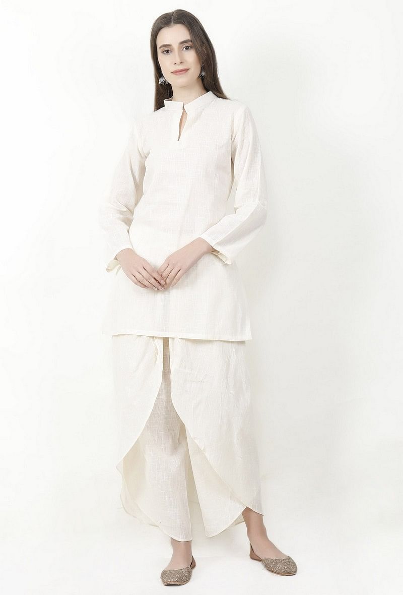 Ivory Cotton Slub Short Kurta With Dhoti サイズ XS