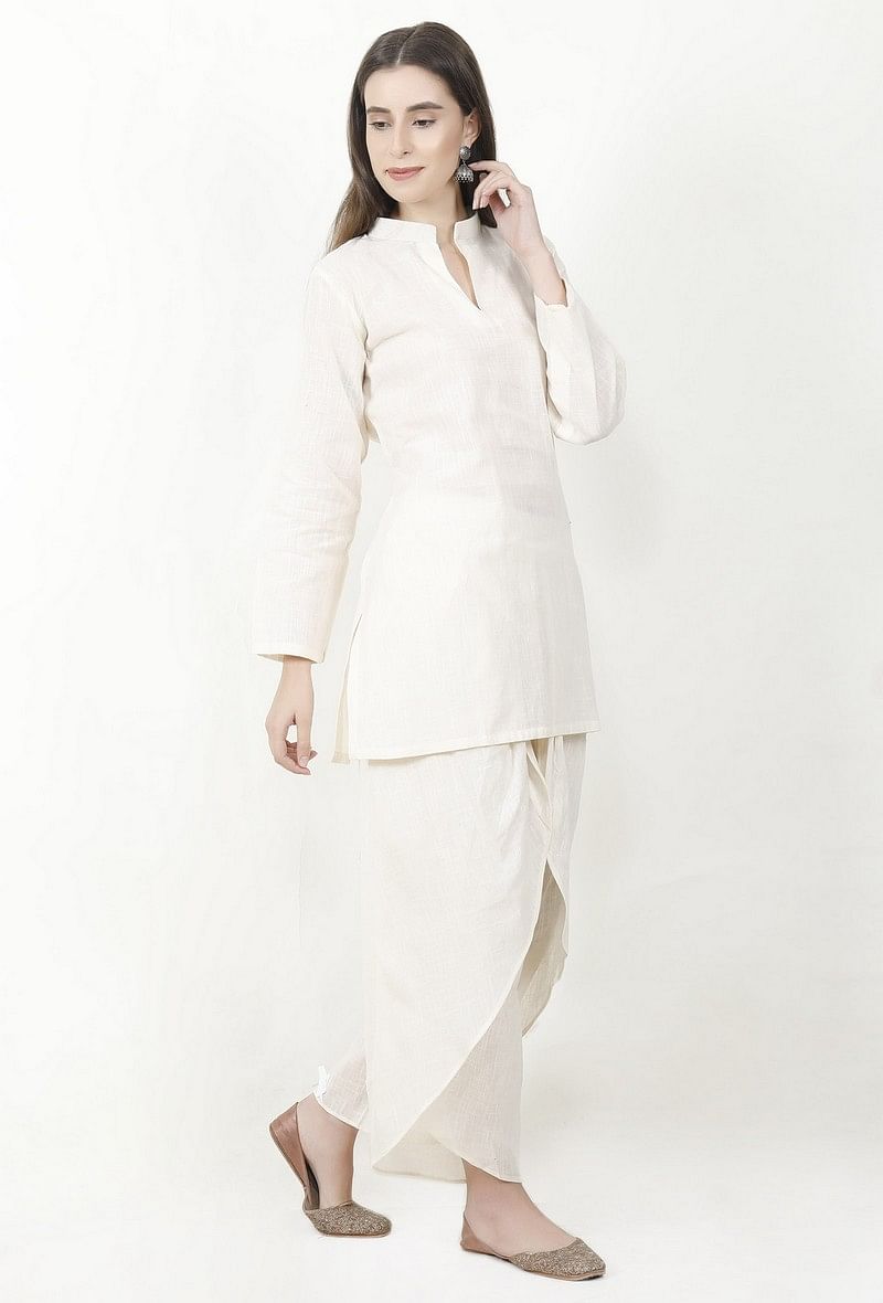 Ivory Cotton Slub Short Kurta With Dhoti サイズ XS