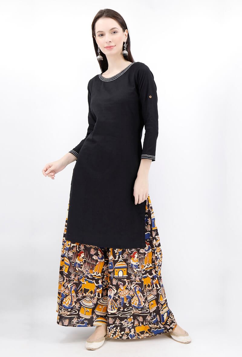 Set of 2 - Black Cotton Kurta and Deep Berry Kalamkari Palazzo サイズ S