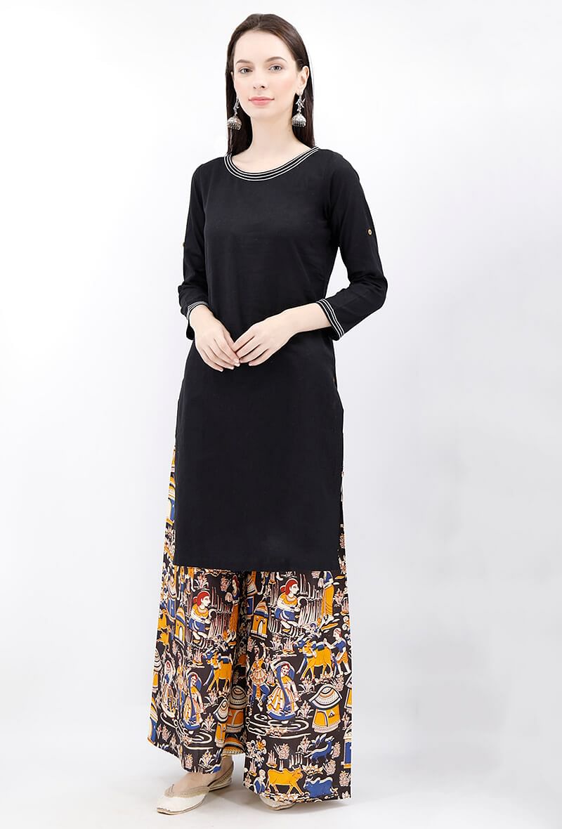 Set of 2 - Black Cotton Kurta and Deep Berry Kalamkari Palazzo サイズ S
