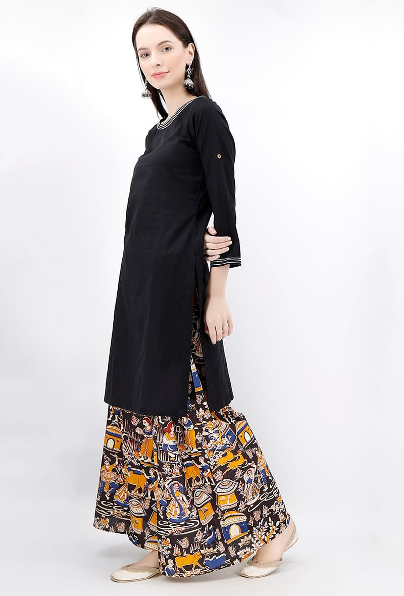 Set of 2 - Black Cotton Kurta and Deep Berry Kalamkari Palazzo サイズ S