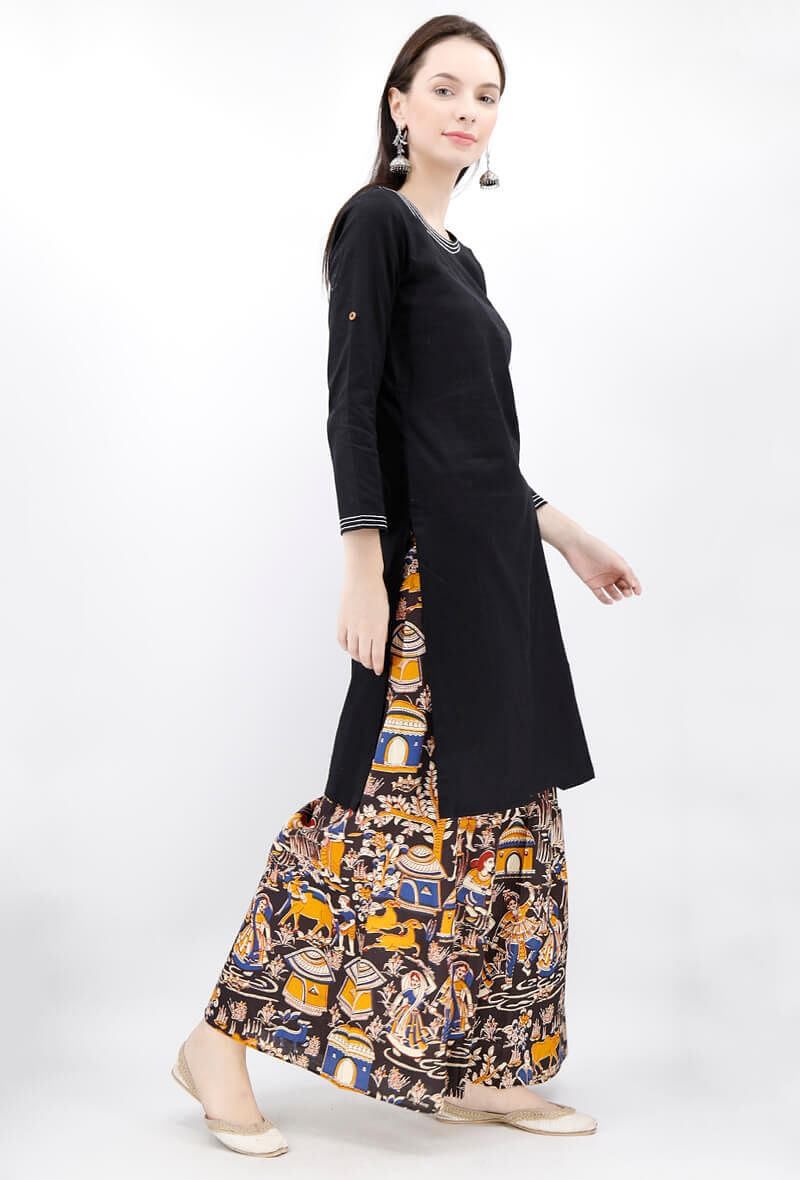 Set of 2 - Black Cotton Kurta and Deep Berry Kalamkari Palazzo サイズ S